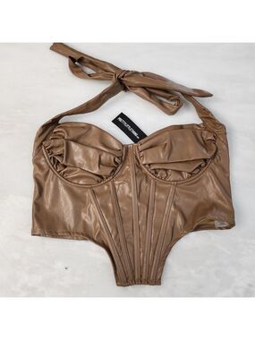 PrettyLittleThing Light Brown Faux Leather Halter Top